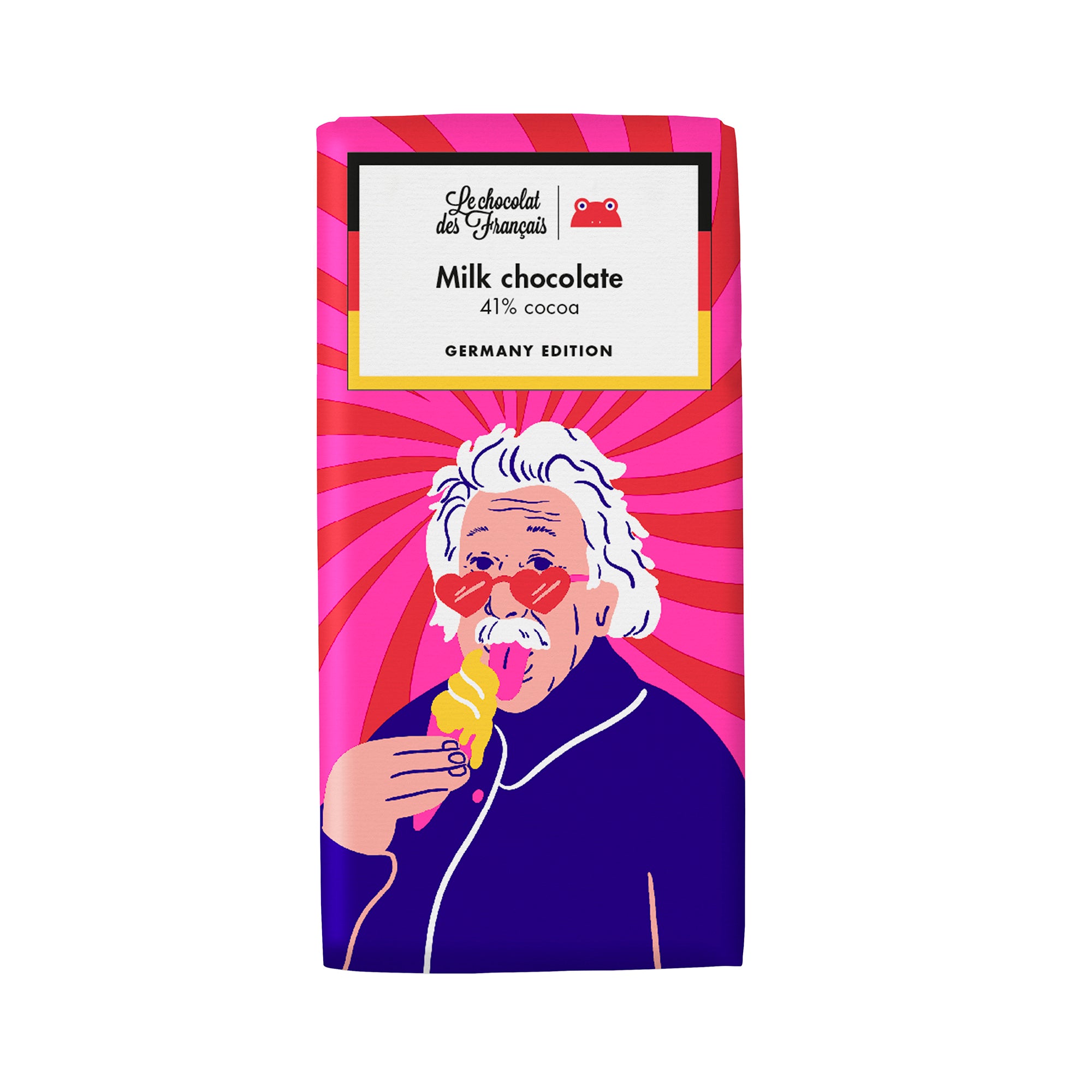 chocolate bar with einstein licking ice-cream packaging