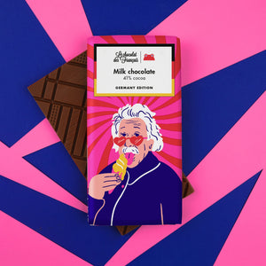 chocolate bar with einstein licking ice-cream packaging