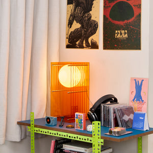 lop small rectangle table lamp in orange on bedroom desk