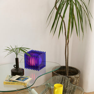 lop small square table lamp in blue on glass table 