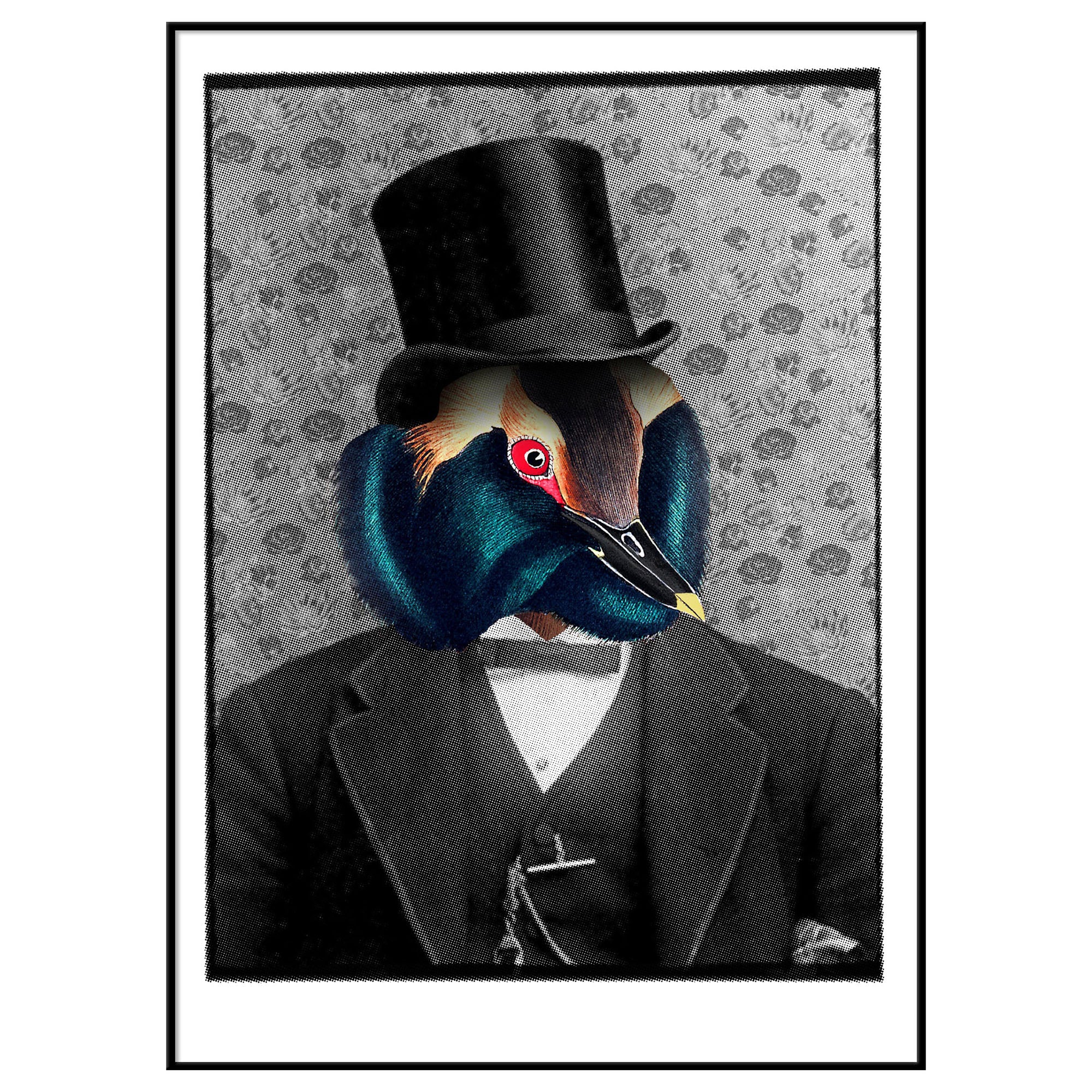 victorian era gentleman with bird face print in black aluminium frame