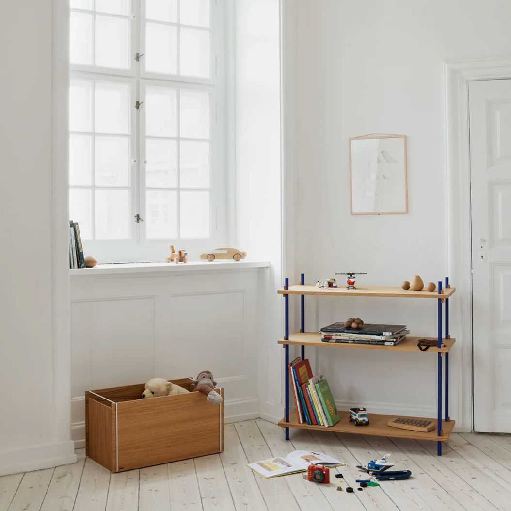 moebe floor stannding shelving in natural oak and blue