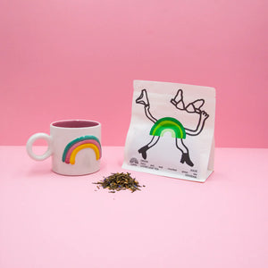 fruity green tea with rainbow illustration packaging