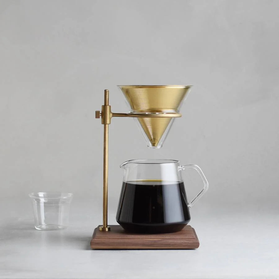 kinto coffee brewer stand with brass hardware