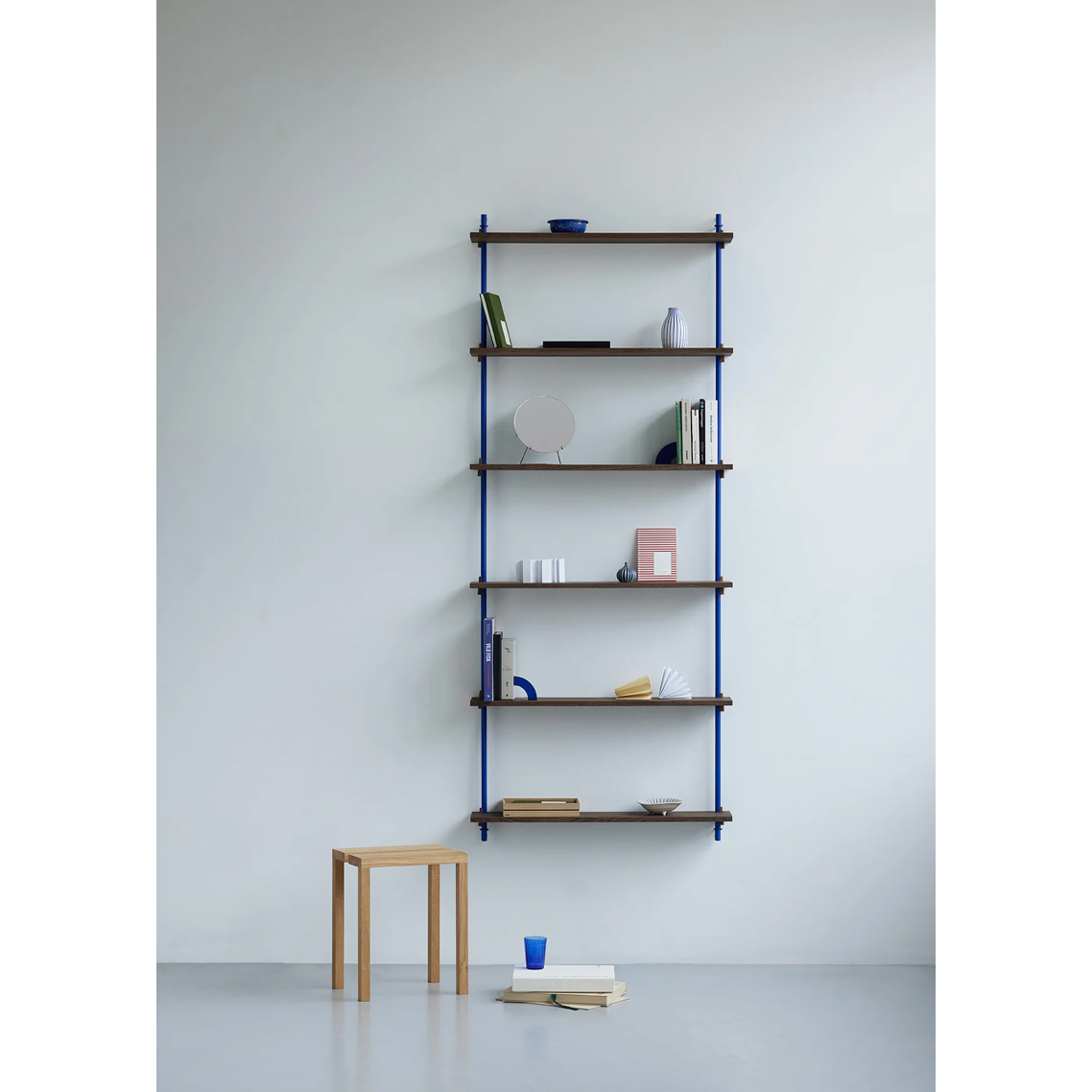 moebe oak wood wall shelves with blue fixture