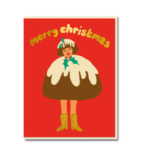 girl dresses in xmas pudding xmas card