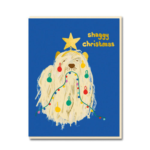 shaggy dog chewing xmas lights xmas card